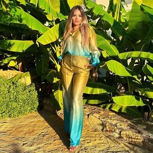 RARE ZARA 2 PIECE SATIN EFFECT TIE DYE PRINT SHIRT AND PANTS